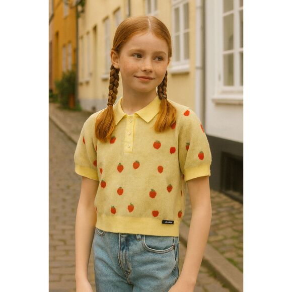 A MONDAY in Copenhagen Yellow Strawberry Crop Polo Shirt Top   Girls Size 10 - Picture 1 of 8